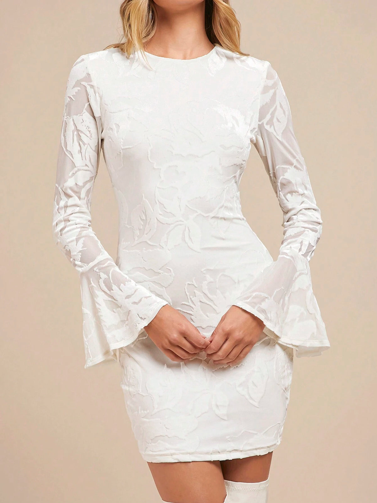 Women Elegant White Burn-Out Texture Fit And Flare Mini Dress With Bell Sleeve