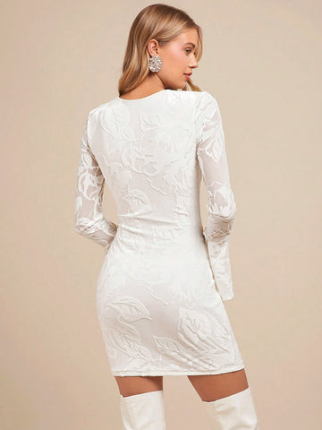 Women Elegant White Burn-Out Texture Fit And Flare Mini Dress With Bell Sleeve