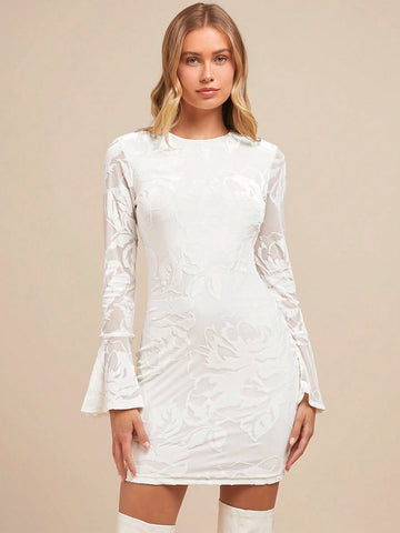 Women Elegant White Burn-Out Texture Fit And Flare Mini Dress With Bell Sleeve