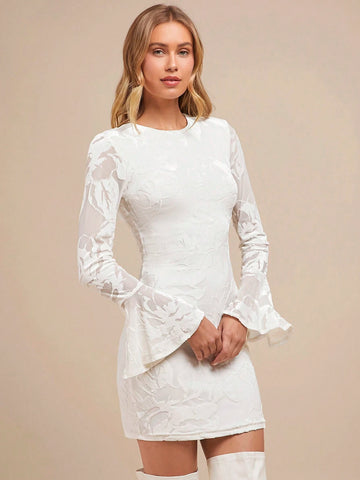 Women Elegant White Burn-Out Texture Fit And Flare Mini Dress With Bell Sleeve