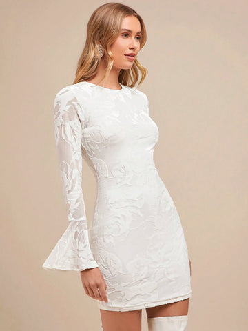 Women Elegant White Burn-Out Texture Fit And Flare Mini Dress With Bell Sleeve