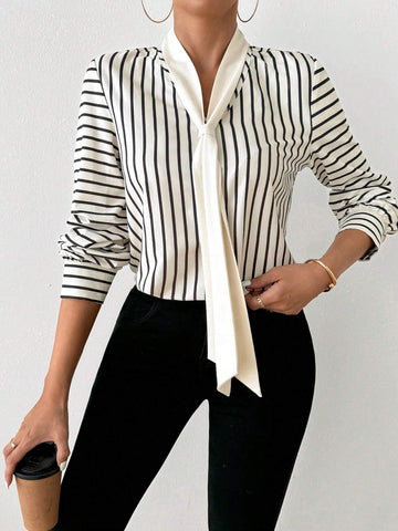 Clasi Women Fashion Tie Dye Stripe Print Long Sleeve Casual Commuter Shirt, Autumn