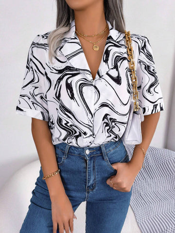 Clasi Women Fashionable Casual Short Sleeve Shirt With Suit Collar And Color Block Loose