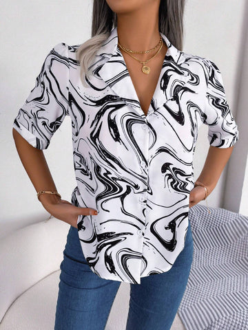 Clasi Women Fashionable Casual Short Sleeve Shirt With Suit Collar And Color Block Loose