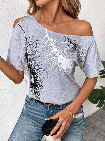 Clasi Women Feather Printed Off Shoulder Short Sleeve T-Shirt For Summer