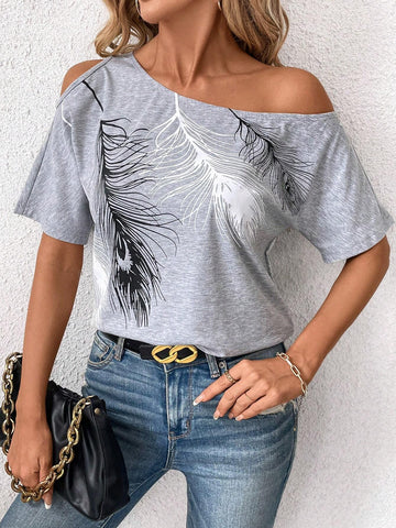 Clasi Women Feather Printed Off Shoulder Short Sleeve T-Shirt For Summer