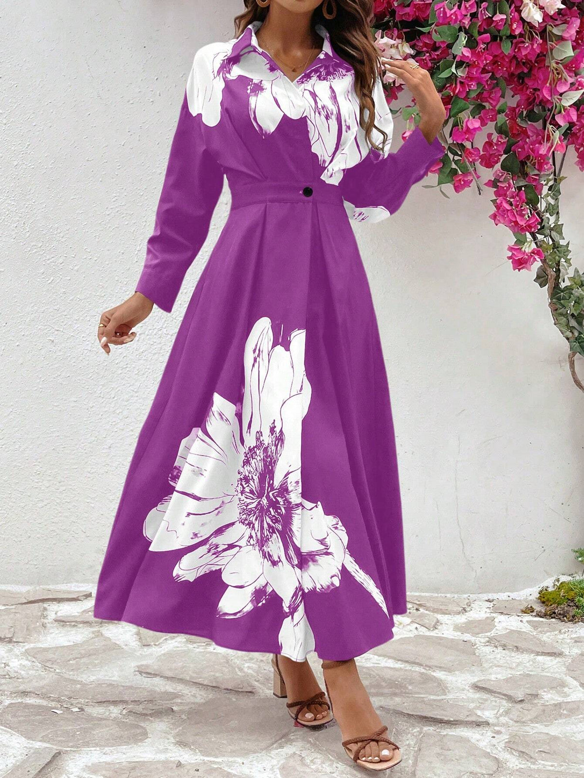 Women Floral Print Long Sleeve Long Dress With Gathered Waist For Vacation And Leisure