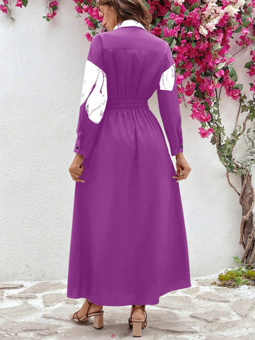 Women Floral Print Long Sleeve Long Dress With Gathered Waist For Vacation And Leisure