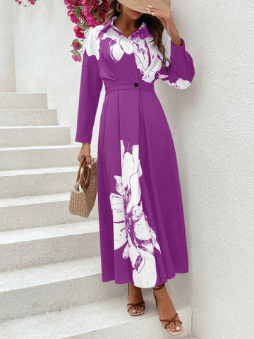 Women Floral Print Long Sleeve Long Dress With Gathered Waist For Vacation And Leisure