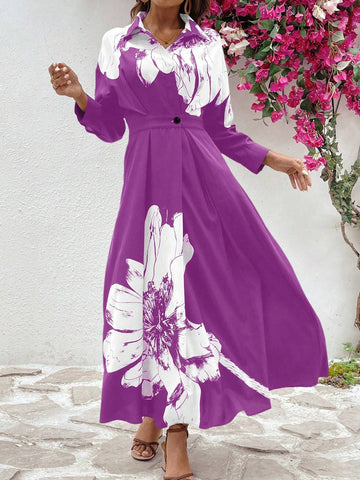 Women Floral Print Long Sleeve Long Dress With Gathered Waist For Vacation And Leisure
