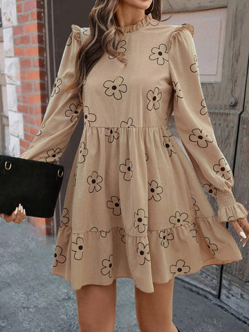 Women Floral Print Stand Collar Ruffle Hem Long Sleeve Midi Dress