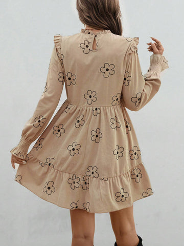 Women Floral Print Stand Collar Ruffle Hem Long Sleeve Midi Dress