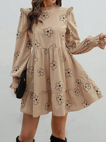 Women Floral Print Stand Collar Ruffle Hem Long Sleeve Midi Dress