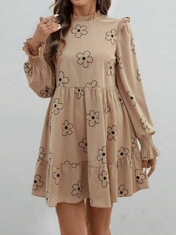 Women Floral Print Stand Collar Ruffle Hem Long Sleeve Midi Dress