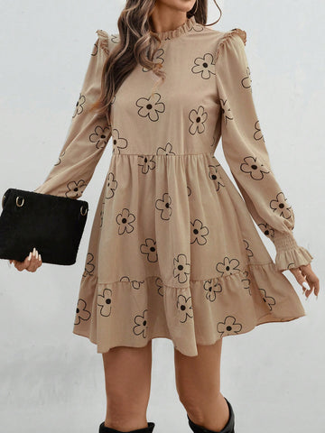 Women Floral Print Stand Collar Ruffle Hem Long Sleeve Midi Dress