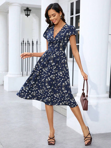 Women\ Floral Print V-Neck Dress