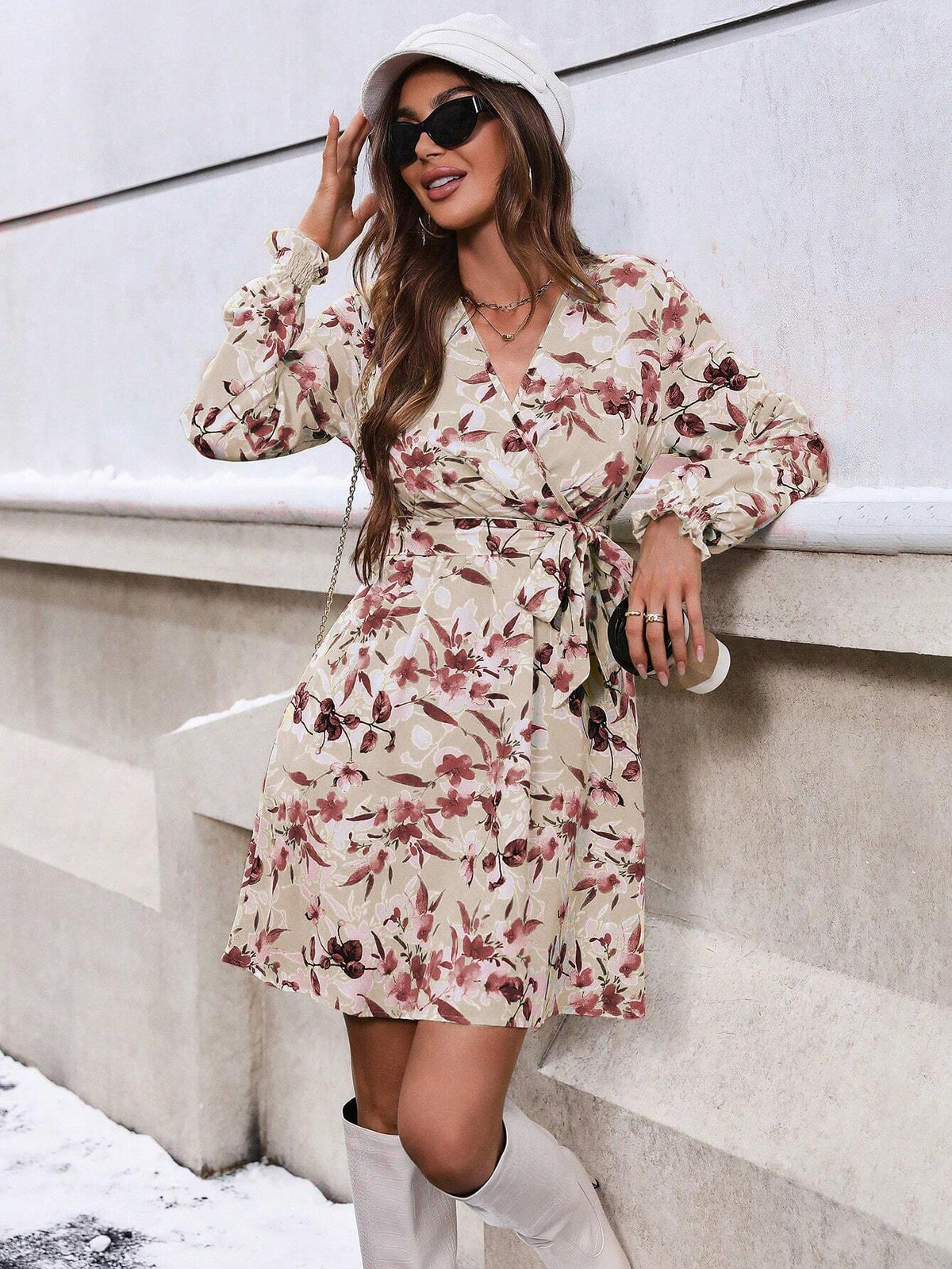 Women Floral Print V-Neck Long Sleeve Elegant Dress, Summer