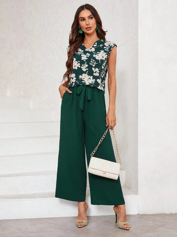 Women Floral Printed Sleeveless Top And Pants Two-Piece Set