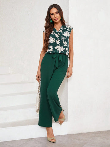 Women Floral Printed Sleeveless Top And Pants Two-Piece Set