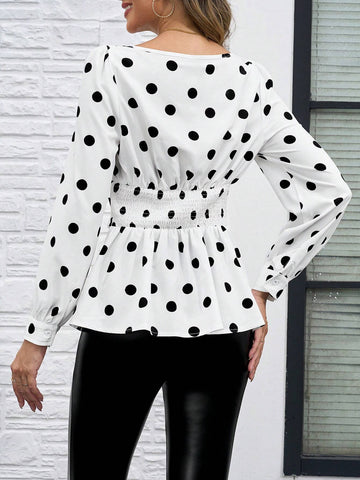 Clasi Women Form Fitting Polka Dot Print Long Sleeve Blouse, Autumn/Winter