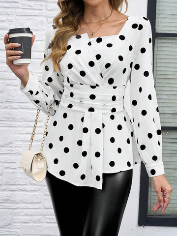 Clasi Women Form Fitting Polka Dot Print Long Sleeve Blouse, Autumn/Winter