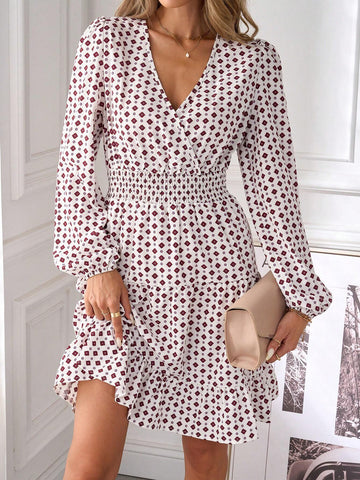 Women Full Print Shirred Lantern Sleeve Ruffle Hem Cinched Waist Short Dress