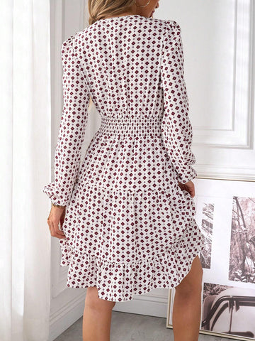 Women Full Print Shirred Lantern Sleeve Ruffle Hem Cinched Waist Short Dress