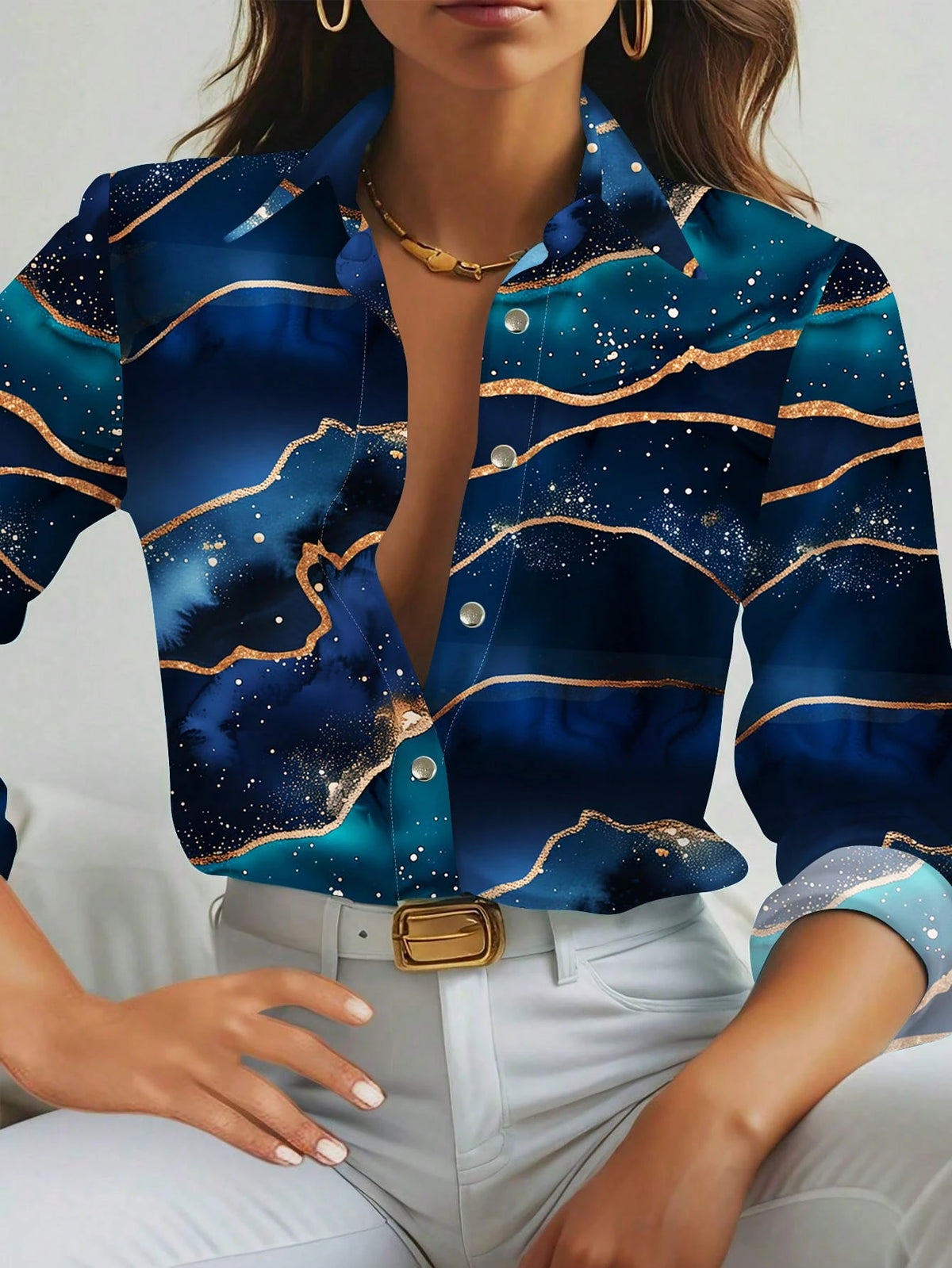 Clasi Women Galaxy Print Long Sleeve Blouse