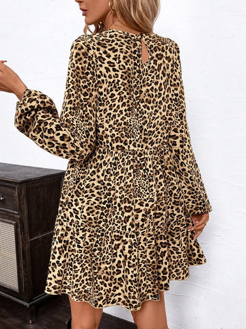 Women Leopard Print Asymmetrical Loose Fit Babydoll Mini Dress