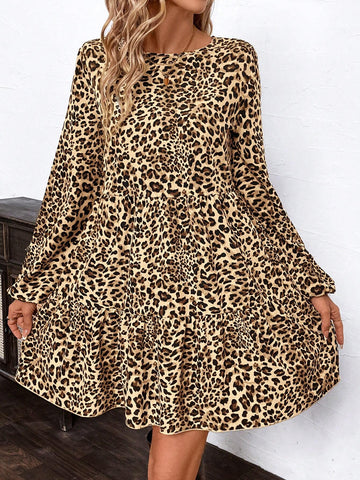 Women Leopard Print Asymmetrical Loose Fit Babydoll Mini Dress