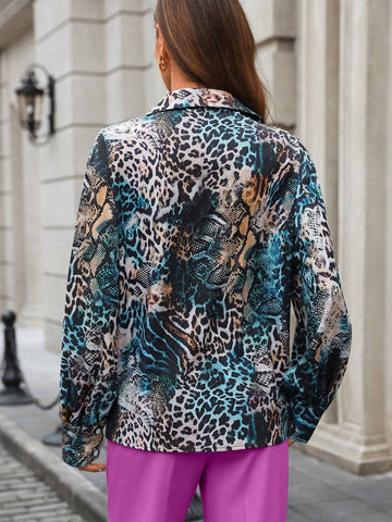 Clasi Women Leopard Print Open Front Long Sleeve Shirt
