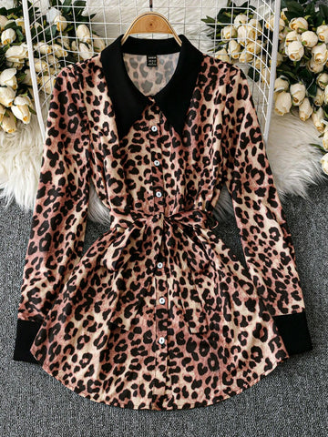 Clasi Women Leopard Print Patchwork Long Sleeve Collared Woven Shirt