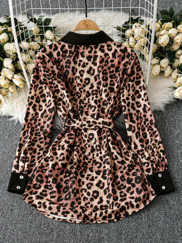 Clasi Women Leopard Print Patchwork Long Sleeve Collared Woven Shirt