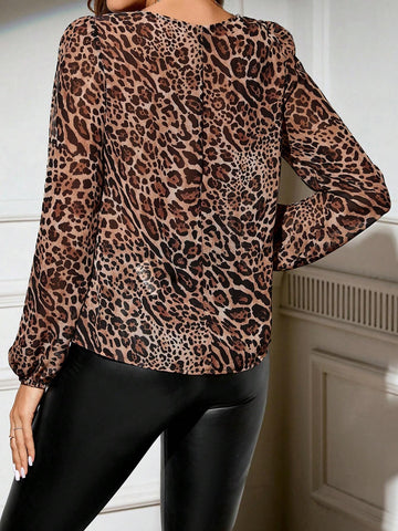 Clasi Women Leopard Print V-Neck Ruffle Trim Lantern Sleeve Blouse