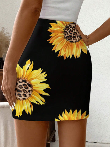 Clasi Women Leopard & Sunflower Printed Vacation Casual Slim Fit Skirt