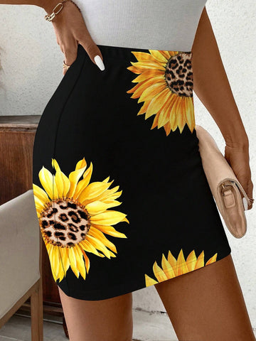 Clasi Women Leopard & Sunflower Printed Vacation Casual Slim Fit Skirt