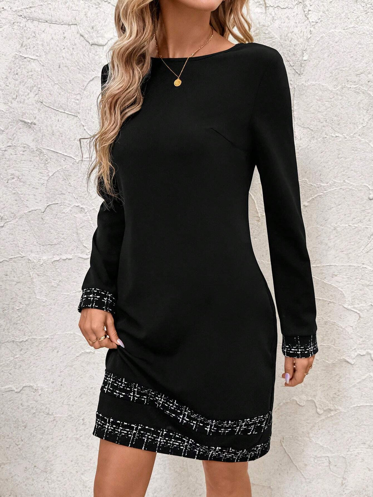 Women Long Sleeve Solid Color Casual Midi Dress, Minimalist Style Suitable For Daily Commute