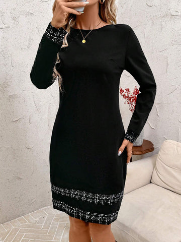 Women Long Sleeve Solid Color Casual Midi Dress, Minimalist Style Suitable For Daily Commute