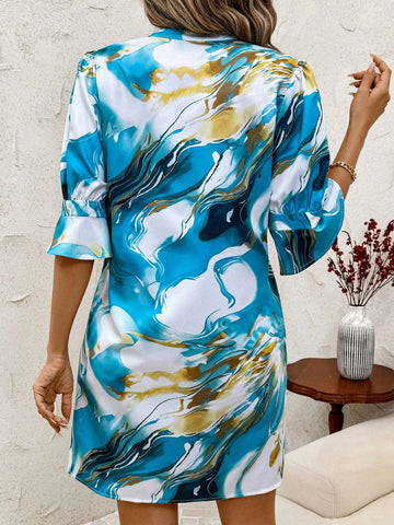 Women Marble Print Mini Dress, Work Or Commute Suitable In Autumn And Winter