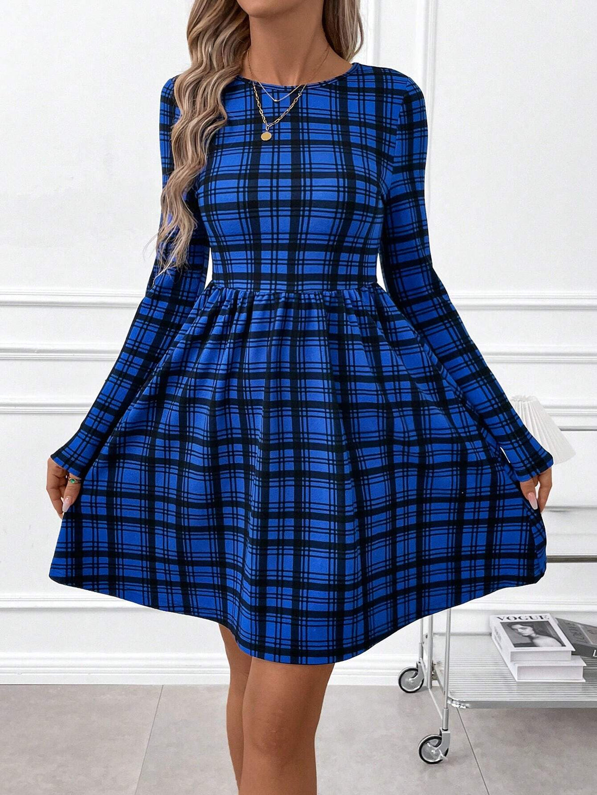Women Plaid Blue Long Sleeve A-Line Mini Dress, Elegant Casual Round Neck, Autumn/Winter