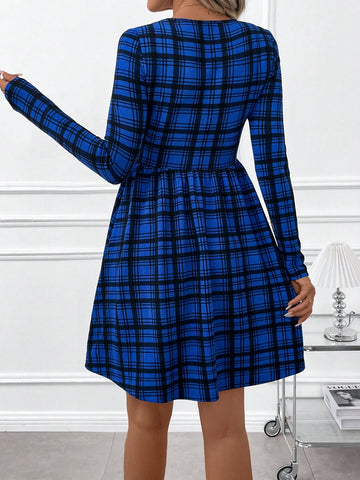 Women Plaid Blue Long Sleeve A-Line Mini Dress, Elegant Casual Round Neck, Autumn/Winter