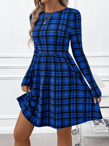 Women Plaid Blue Long Sleeve A-Line Mini Dress, Elegant Casual Round Neck, Autumn/Winter