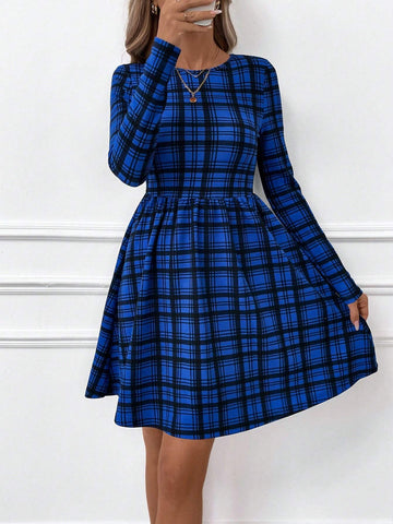 Women Plaid Blue Long Sleeve A-Line Mini Dress, Elegant Casual Round Neck, Autumn/Winter