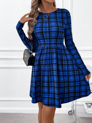 Women Plaid Blue Long Sleeve A-Line Mini Dress, Elegant Casual Round Neck, Autumn/Winter
