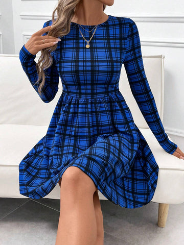 Women Plaid Blue Long Sleeve A-Line Mini Dress, Elegant Casual Round Neck, Autumn/Winter