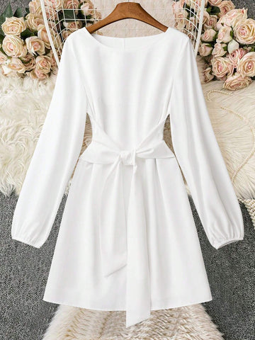 Women Plain Crew Neck Long Sleeve Casual Tie-Up Mini Dress
