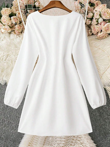 Women Plain Crew Neck Long Sleeve Casual Tie-Up Mini Dress