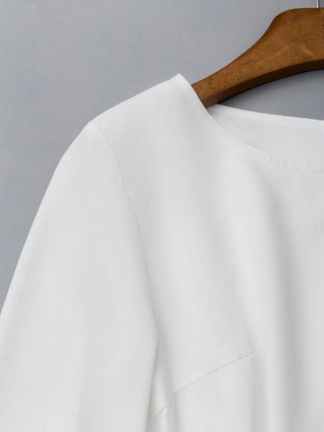 Women Plain Crew Neck Long Sleeve Casual Tie-Up Mini Dress