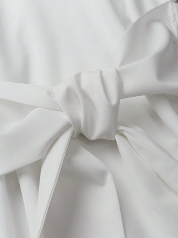 Women Plain Crew Neck Long Sleeve Casual Tie-Up Mini Dress