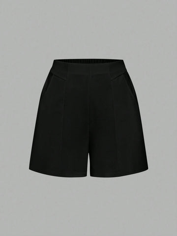 Clasi Women Plain Wide-Leg Loose Shorts With Pockets